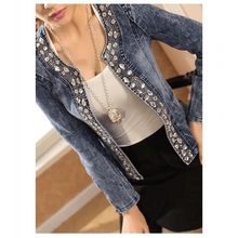 将图片加载到图库查看器，Luxury Spring Fashionable Women Denim Jacket Slim Zipper Casual Short Sequins Outerwear Ladies Vintage Crystal Biker

