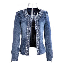 将图片加载到图库查看器，Luxury Spring Fashionable Women Denim Jacket Slim Zipper Casual Short Sequins Outerwear Ladies Vintage Crystal Biker
