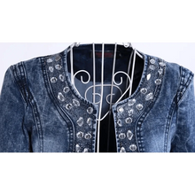 将图片加载到图库查看器，Luxury Spring Fashionable Women Denim Jacket Slim Zipper Casual Short Sequins Outerwear Ladies Vintage Crystal Biker
