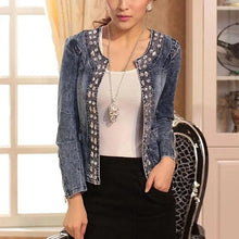 将图片加载到图库查看器，Luxury Spring Fashionable Women Denim Jacket Slim Zipper Casual Short Sequins Outerwear Ladies Vintage Crystal Biker
