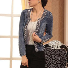 将图片加载到图库查看器，Luxury Spring Fashionable Women Denim Jacket Slim Zipper Casual Short Sequins Outerwear Ladies Vintage Crystal Biker
