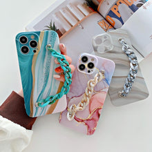 Load image into Gallery viewer, Marble Wriststrap Bracelet Chain Phone Case For iPhone 14 13 Pro Max 12 11 XS XR X 7 8 Plus SE 2020 Silicone Back Cover Colorful Silicone Fashion Pattern Ultra Thin Slim Bumper Shockproof Protective Case with Chain Wrist Strap Marble Iphone Case

