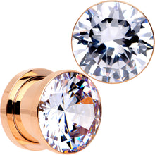 Load image into Gallery viewer, Clear CZ Gem Rose Gold PVD Glitzy Screw Fit Tunnel Plug Set
