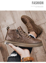 将图片加载到图库查看器，Men's Winter Cotton Shoes High-Top Fashion Casual Trend Boots Flat Shoes Winter Snow Boots Warm Ankle Booties Outdoor Work Shoes For Cold Weather Soft Comfortable Walking Brown Shoes
