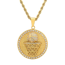 Load image into Gallery viewer, Men's 18k Gold Plated Stainless Steel and Simulated Diamonds Round Basketball Pendant
