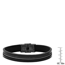 Load image into Gallery viewer, Men's Black Leather and Two Tone Black IP &amp; Stainless Steel Inlay Wheat Chain Bracelet
