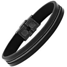 Load image into Gallery viewer, Men's Black Leather and Two Tone Black IP &amp; Stainless Steel Inlay Wheat Chain Bracelet

