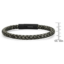 将图片加载到图库查看器，Men's Braided Black/Gray Leather and Black IP Stainless Steel Clasp Bracelet
