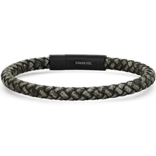 将图片加载到图库查看器，Men's Braided Black/Gray Leather and Black IP Stainless Steel Clasp Bracelet

