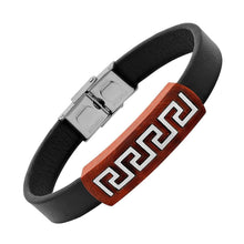 Load image into Gallery viewer, Men's Brown Leather Wood and Stainless Steel Greek Key Accents ID Bracelet
