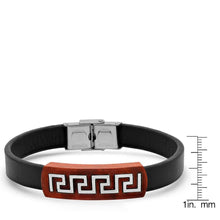 Load image into Gallery viewer, Men's Brown Leather Wood and Stainless Steel Greek Key Accents ID Bracelet
