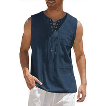 Load image into Gallery viewer, Men's Cotton Linen Tank Top Shirts Casual Sleeveless Lace Up Beach Hippie Tops Bohemian Renaissance Pirate Tunic
