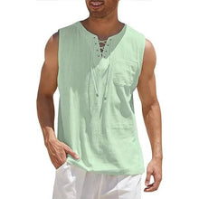 Load image into Gallery viewer, Men's Cotton Linen Tank Top Shirts Casual Sleeveless Lace Up Beach Hippie Tops Bohemian Renaissance Pirate Tunic

