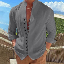 Load image into Gallery viewer, Men's Linen Button Up Shirt Long Sleeve Plain Band Collar
