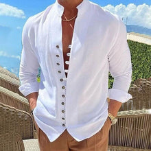 Load image into Gallery viewer, Men's Linen Button Up Shirt Long Sleeve Plain Band Collar
