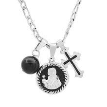 Load image into Gallery viewer, Men's Stainless Steel and Black Enamel St. Benedict, Black Ball and Cross Charm Pendant
