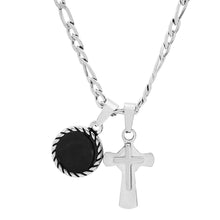 Load image into Gallery viewer, Men's Stainless Steel Cross and Round Black Enamel Pendant
