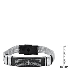 Load image into Gallery viewer, Men's Two Tone Stainless Steel and Black IP Our Father Prayer Mesh Bracelet

