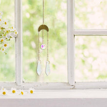 将图片加载到图库查看器，Metallic Hoop Moon Sun Catcher Hanging Crystal Pendant Chandelier Lamps Light Crystals Glass Pendants Light Rainbow Maker Wind Chime Hanging Drop Gift of Good Luck Garden Decor Hanging Ornament For Home Decoration
