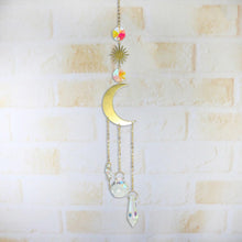 将图片加载到图库查看器，Metallic Hoop Moon Sun Catcher Hanging Crystal Pendant Chandelier Lamps Light Crystals Glass Pendants Light Rainbow Maker Wind Chime Hanging Drop Gift of Good Luck Garden Decor Hanging Ornament For Home Decoration
