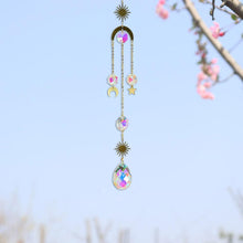 将图片加载到图库查看器，Metallic Hoop Moon Sun Catcher Hanging Crystal Pendant Chandelier Lamps Light Crystals Glass Pendants Light Rainbow Maker Wind Chime Hanging Drop Gift of Good Luck Garden Decor Hanging Ornament For Home Decoration
