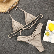 将图片加载到图库查看器，Micro Pleated Bikini Women Swimsuit Halter Bikini Set Triangle Swimwear Female Beach Wear Bathing Suit Two Piece Bikini Double Shoulder Straps Cute Swimsuit Triangle Bathing
