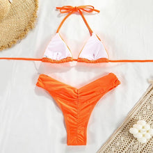 将图片加载到图库查看器，Micro Pleated Bikini Women Swimsuit Halter Bikini Set Triangle Swimwear Female Beach Wear Bathing Suit Two Piece Bikini Double Shoulder Straps Cute Swimsuit Triangle Bathing

