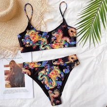 Load image into Gallery viewer, Modern Blue High Waist Bikini Push Up Swimwear Women Dragon Printed Bikini Set Retro Swimsuit Women's High Waist Bikini Swimsuits Twist Push Up Two Piece Bathing Suits Tummy Control Swimwear
