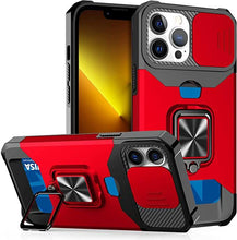 将图片加载到图库查看器，Multifunctional Card Holder Heavy Duty Protective iPhone Case For iPhone  14 13 12 11  Pro Max Slide Camera Kickstand Card Holder Slot Wallet Protective With Ring Stand Cover Magnetic Strong Phone Case

