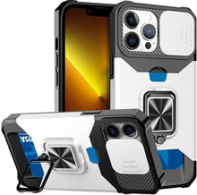 将图片加载到图库查看器，Multifunctional Card Holder Heavy Duty Protective iPhone Case For iPhone  14 13 12 11  Pro Max Slide Camera Kickstand Card Holder Slot Wallet Protective With Ring Stand Cover Magnetic Strong Phone Case
