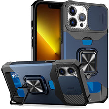 将图片加载到图库查看器，Multifunctional Card Holder Heavy Duty Protective iPhone Case For iPhone  14 13 12 11  Pro Max Slide Camera Kickstand Card Holder Slot Wallet Protective With Ring Stand Cover Magnetic Strong Phone Case

