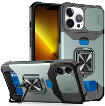 将图片加载到图库查看器，Multifunctional Card Holder Heavy Duty Protective iPhone Case For iPhone  14 13 12 11  Pro Max Slide Camera Kickstand Card Holder Slot Wallet Protective With Ring Stand Cover Magnetic Strong Phone Case
