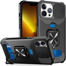 将图片加载到图库查看器，Multifunctional Card Holder Heavy Duty Protective iPhone Case For iPhone  14 13 12 11  Pro Max Slide Camera Kickstand Card Holder Slot Wallet Protective With Ring Stand Cover Magnetic Strong Phone Case
