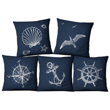 将图片加载到图库查看器，Navigation Navy Blue Nautical Shell Starfish Linen Pillow Cover Blue Anchor Navigation Anchor Sailboat Pillowcase Marine Cushion Cover Sofa Home Decorative Cushion Cover For Home
