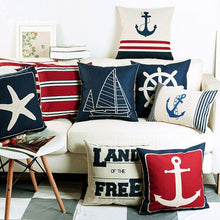 将图片加载到图库查看器，Navigation Navy Blue Nautical Shell Starfish Linen Pillow Cover Blue Anchor Navigation Anchor Sailboat Pillowcase Marine Cushion Cover Sofa Home Decorative Cushion Cover For Home
