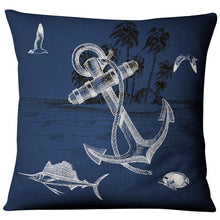 将图片加载到图库查看器，Navigation Navy Blue Nautical Shell Starfish Linen Pillow Cover Blue Anchor Navigation Anchor Sailboat Pillowcase Marine Cushion Cover Sofa Home Decorative Cushion Cover For Home
