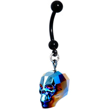 Load image into Gallery viewer, Iridescent Blue Skull Halloween Dangle Belly Ring Created with Swarovksi Crystals
