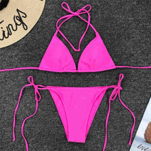 将图片加载到图库查看器，Neon Pink Bikini Women Swimwear Halter Swimsuit Female Two-Pieces Bikini Set Swimwear Halter String Triangle Bikini Sets Bather Bathing Suit Swim
