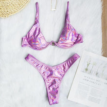 Load image into Gallery viewer, Neon V-bar Underwired Bikini Female Ribbed Swimsuit Women Swimwear Two-pieces Bikini set Push up Bathing Suit

