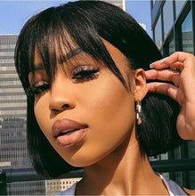 Load image into Gallery viewer, New Arrival Burgundy Red Short Human Hair Wig With Fringe for Women Straight Remy Hair Bob Wigs With Bangs Dark Brown Balayage Color Wigs For Cosplay
