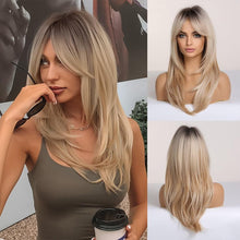 将图片加载到图库查看器，New Arrival Long Straight Wigs Ombre Black Blonde Ash Wig with Bangs Heat Resistant Synthetic Wigs for Women Stylish Wigs For Black Women Cosplay Wigs For Women
