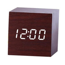 将图片加载到图库查看器，New Arrival Wooden LED Alarm Clocks Temperature Electronic Clock Digital Alarm Clock with Wooden Electronic LED Time Display 3 Dual Plus Alarm Cubic Small Mini Wood Made Electric Sounds Control Digital LED Display Desktop Calendar Table clock
