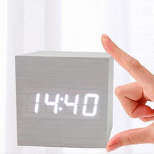 将图片加载到图库查看器，New Arrival Wooden LED Alarm Clocks Temperature Electronic Clock Digital Alarm Clock with Wooden Electronic LED Time Display 3 Dual Plus Alarm Cubic Small Mini Wood Made Electric Sounds Control Digital LED Display Desktop Calendar Table clock

