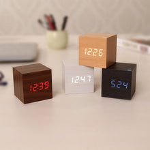 将图片加载到图库查看器，New Arrival Wooden LED Alarm Clocks Temperature Electronic Clock Digital Alarm Clock with Wooden Electronic LED Time Display 3 Dual Plus Alarm Cubic Small Mini Wood Made Electric Sounds Control Digital LED Display Desktop Calendar Table clock
