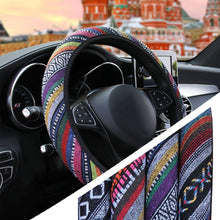 将图片加载到图库查看器，New Baja Blanket Car Steering Wheel Cover Linen Universal Elastic Flax Stripe Cool Interior Car Steering Wheel Cover Ethnic Style Car Accessories Steering Wheel Covers with Cloth for Women Breathable Anti Skid Better Grips Steering Wheel Cover Women
