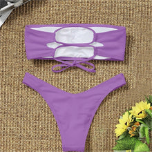 将图片加载到图库查看器，New Bikini High Waist Strapless Bikini Women Swimwear Women Swimsuit Padded Bathing Suit Pure Color Women's Bandeau Bikini Top-High Leg High Waist Bikini Bottom Set
