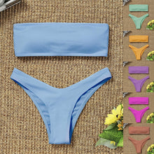 将图片加载到图库查看器，New Bikini High Waist Strapless Bikini Women Swimwear Women Swimsuit Padded Bathing Suit Pure Color Women's Bandeau Bikini Top-High Leg High Waist Bikini Bottom Set
