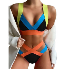 Load image into Gallery viewer, New Bikini Sets Black Push Up Swimsuit Women Neon Patchwork Bikini Swimsuit 2 Piece Cutout Molded Push Up Bathing Suit Women Swimwear Splicing Bathing Suit Holiday Beach Swimming Suit
