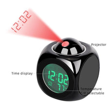 Load image into Gallery viewer, New Creative Attention Projection Digital Weather LCD Snooze Clock Projection Alarm Clock Wake Up Bedroom with Data and Temperature Display Talking Function LED Wall/Ceiling Projection Bell Alarm Display Backlight LED Projector Home Clock Timer
