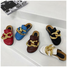 Load image into Gallery viewer, Gold Chain Women Slipper Closed Toe Slip On Mules Shoes Round Toe Low Heels Casual Slides Flat Sandals Slip On Slide Sandals Elegant Heels Slides Slippers
